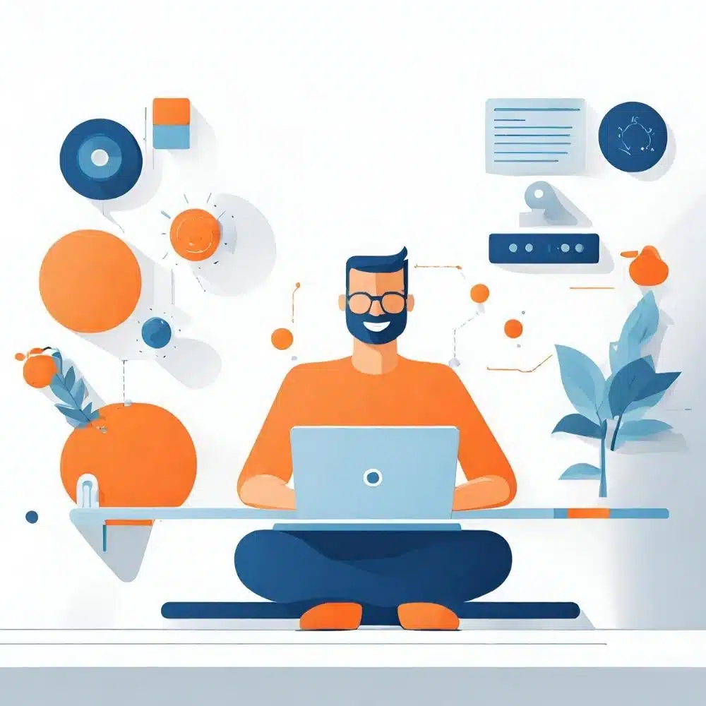 Flat design, Homme derrière son ordinateur répondant aux questions